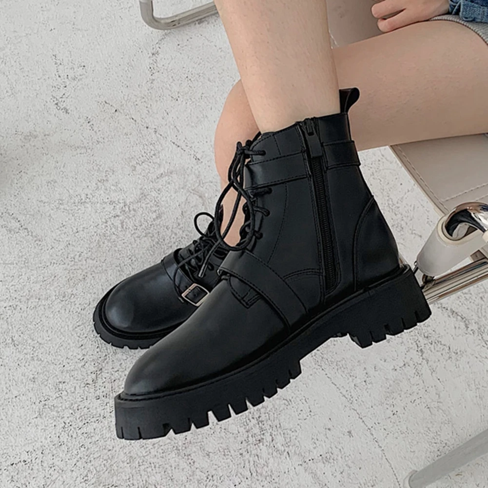 

DORATASIA New Fashion Female Chunky Heels Ankle Boots Autumn Boots Women Round Toe Platform Zip Cross Tied Buckle Shoes Woman