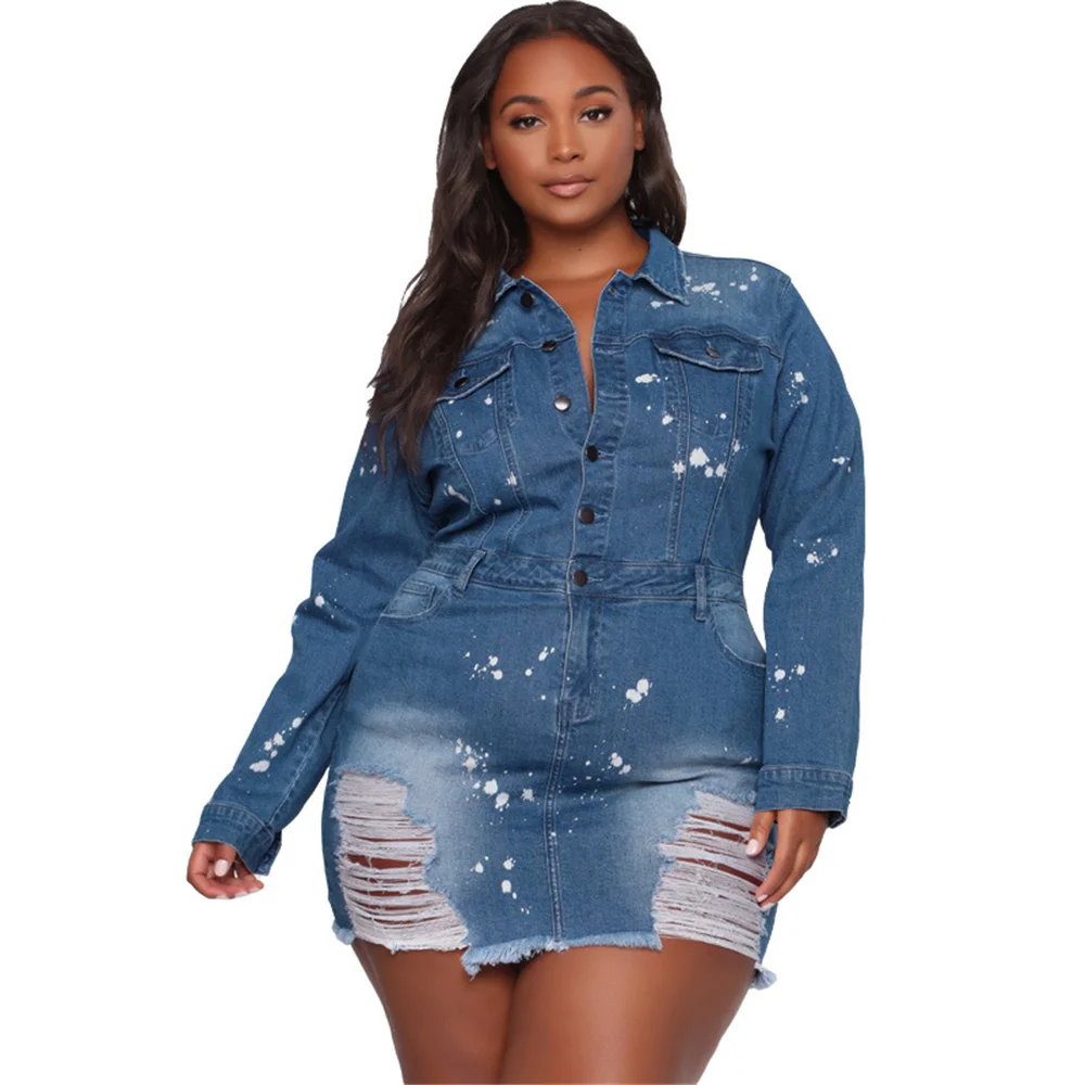 

HAOOHU Plus Size Denim Dresses Ripped Holes Turn Down Collar Buttons Pocket Fashion Street Wear Dresses Winter Urban Commute
