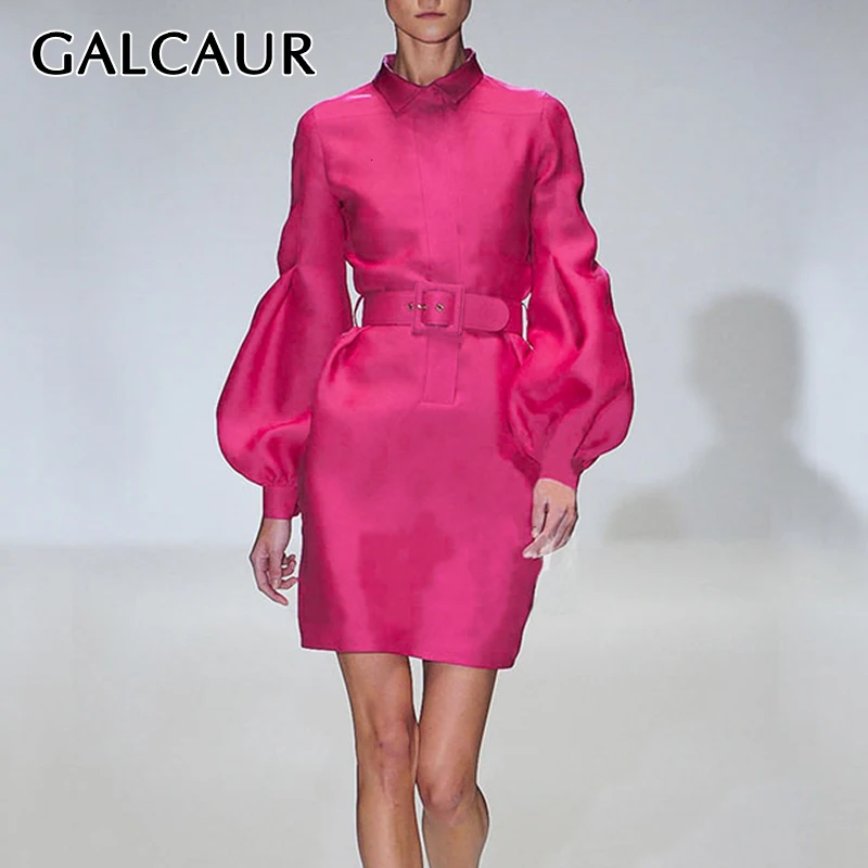 

GALCAUR Vintage Dress For Women Turtleneck Lantern Long Sleeve High Waist With Sashes Ruched Dresses Female 2021 Clearance Sale