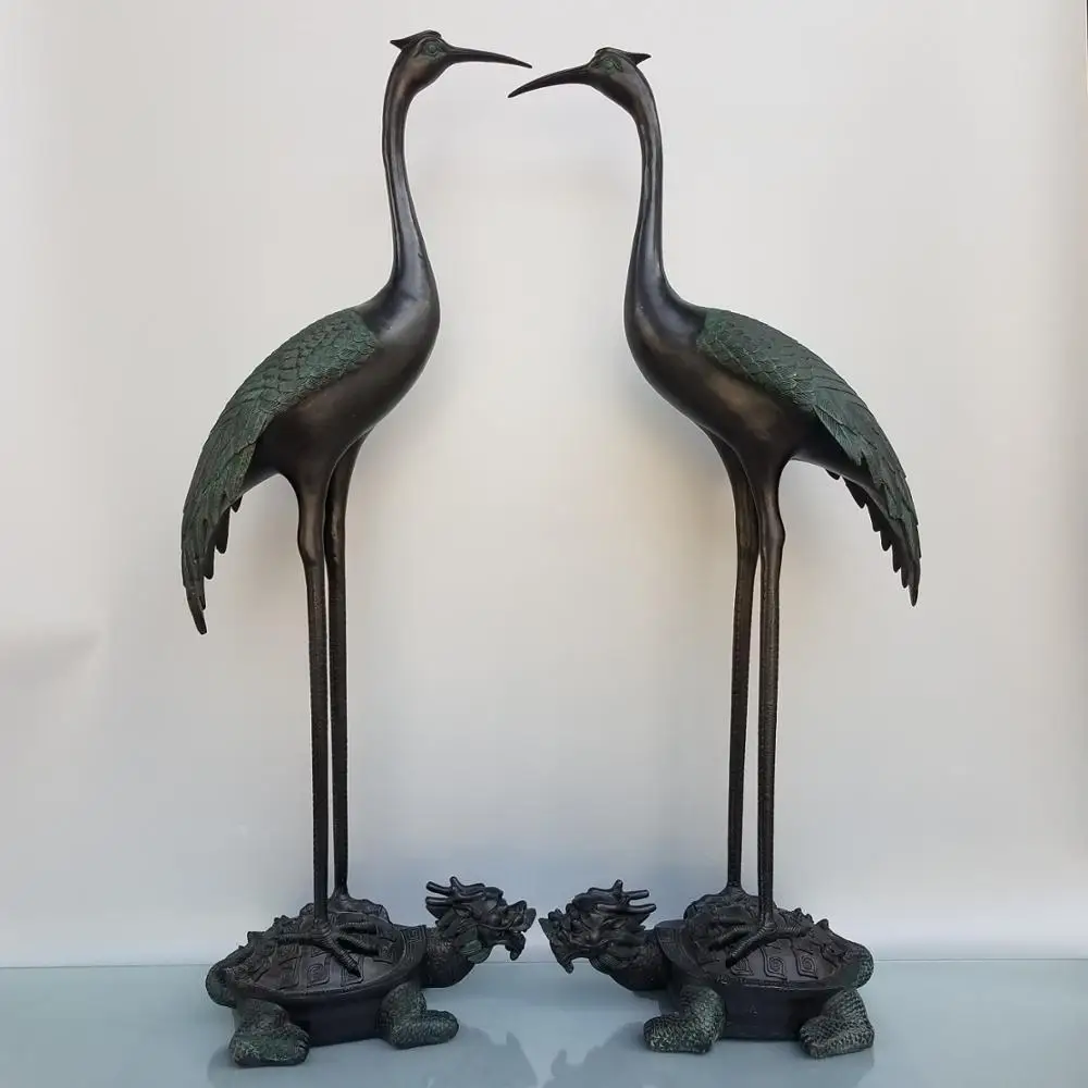 

Home Decor 35" Chinese Old Bronze Red crowned crane statue A pair Carved Crane Foot Dragon Turtle Gatekeeper Crane Town house