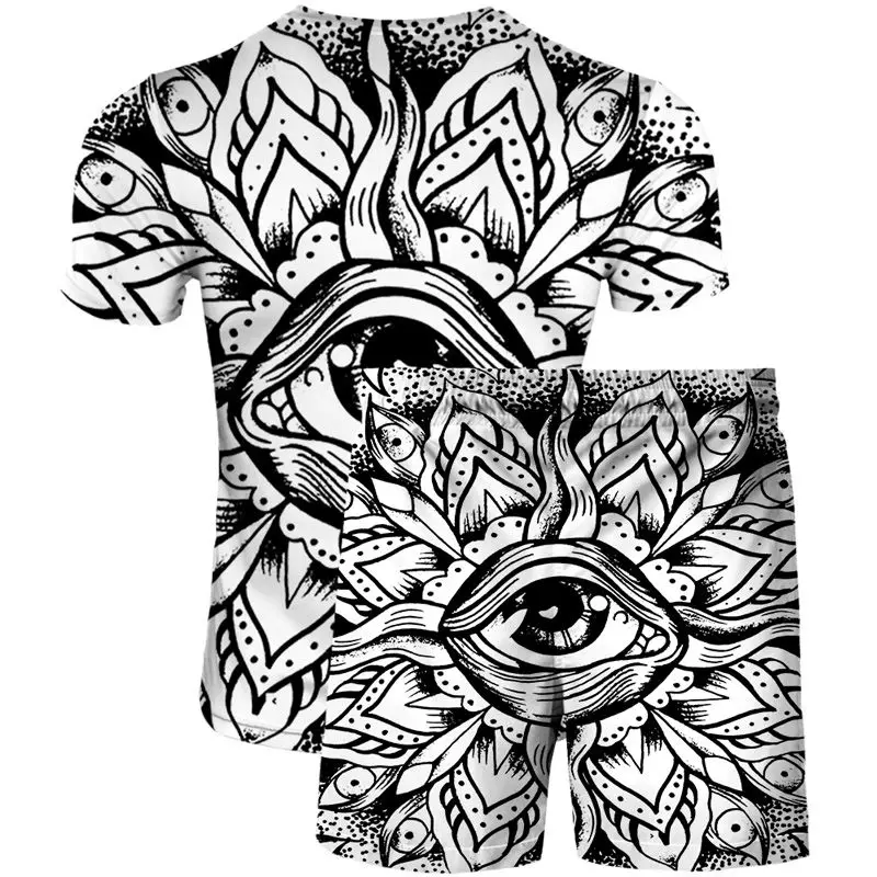 

2021 Summer European and American Eye Pattern 3D Printed Shorts Summer Loose Beach Pants Fashion Casual T-shirt Set