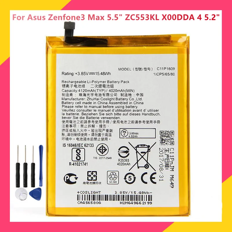 

Original Phone Battery C11P1609 For Asus Zenfone3 Max 5.5" ZC553KL X00DDA 4 5.2" ZC520KL X00HD Replacement Batteries 4120mAh
