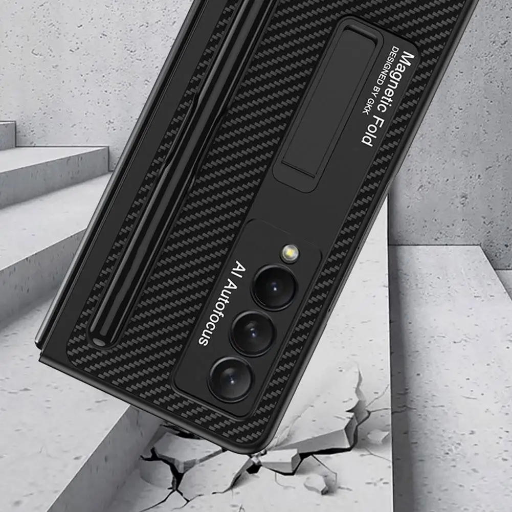 fashion pu leather lychee pattern pen slot case for samsung galaxy z fold 3 5g phone cover with holder luxury cases for fold3 free global shipping