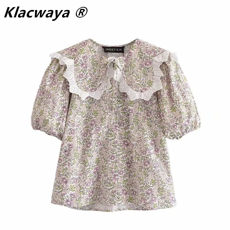 

Klacwaya модная женская рубашка с маленьким круглым отложным воротником и пышными рукавами, милая Цветочная кружевная отделка, ретро блузка