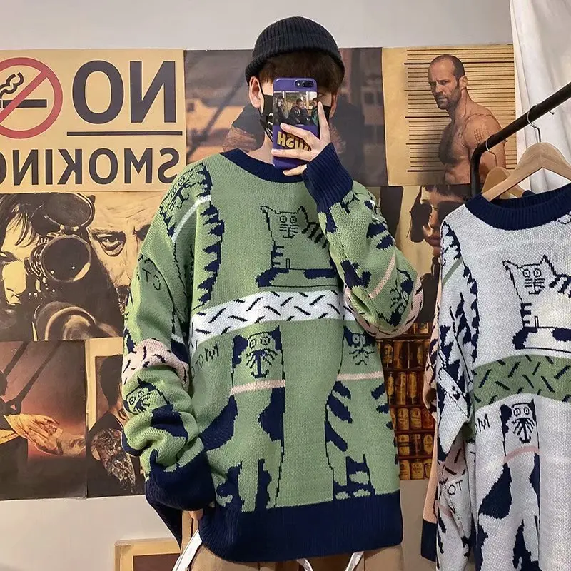 Вязаный джемпер с мультипликационным котом и вышивкой осенний Новый женский