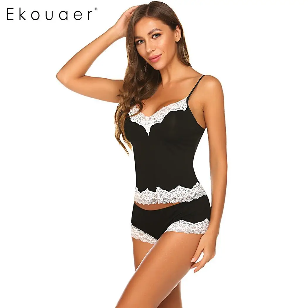Ekouaer женская летняя пижама сексуальная пижама Loungewear кружевная Лоскутная Сексуальная Спагетти ремень белье пижамный комплект