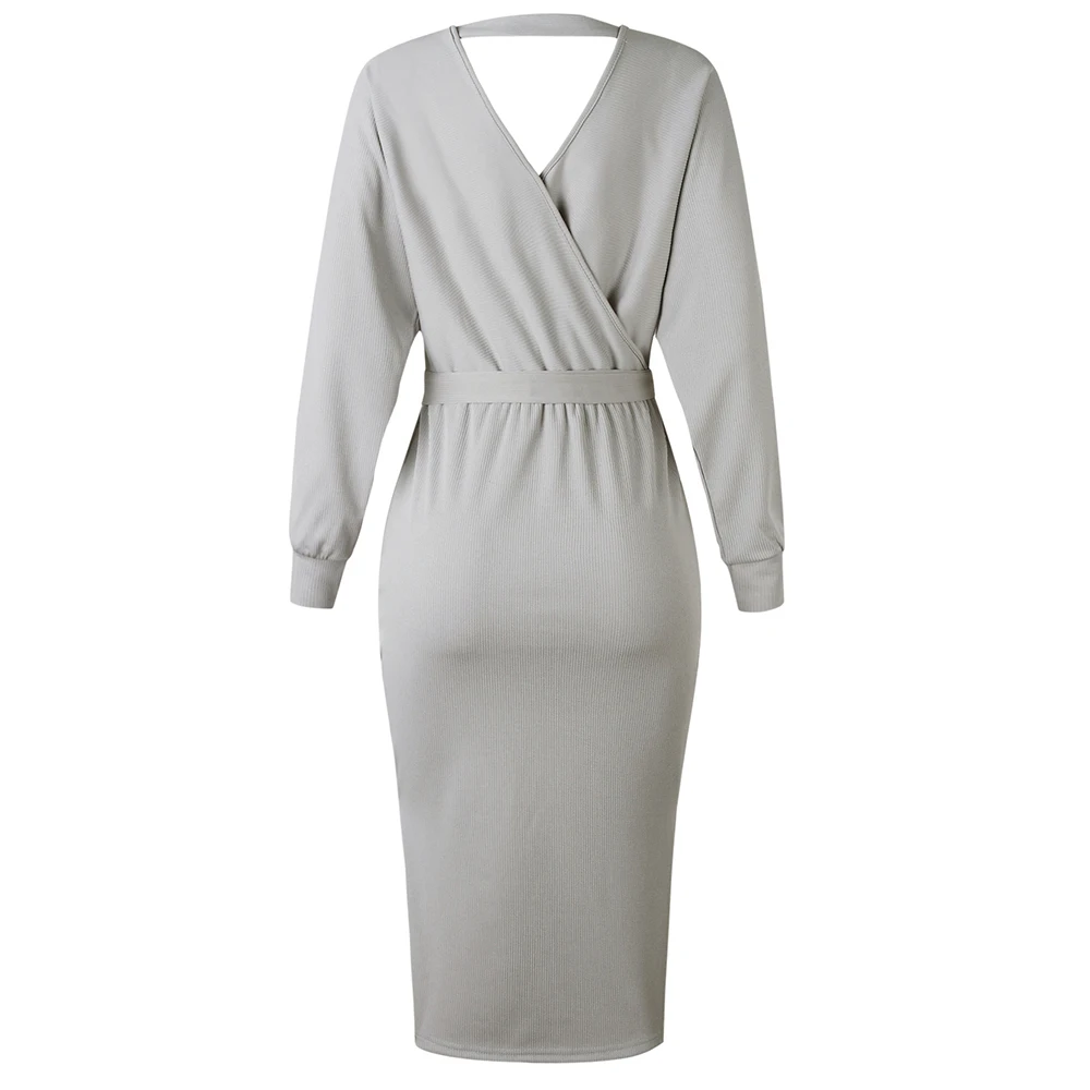 Осень 2019 женское трикотажное платье-свитер с длинным рукавом двойным v-образным