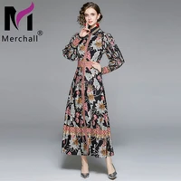 merchall runway design vintage flower print dress 2022 spring female single breasted lantern sleeve long maxi party dress m65674
