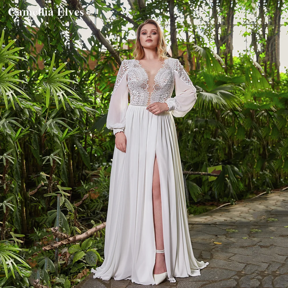 

Plus Size Sexy Slit A Line Wedding Dress Chiffon Long Lantern Sleeves Corset Back Bridal Gown Bride Dresses Robe De Mariée
