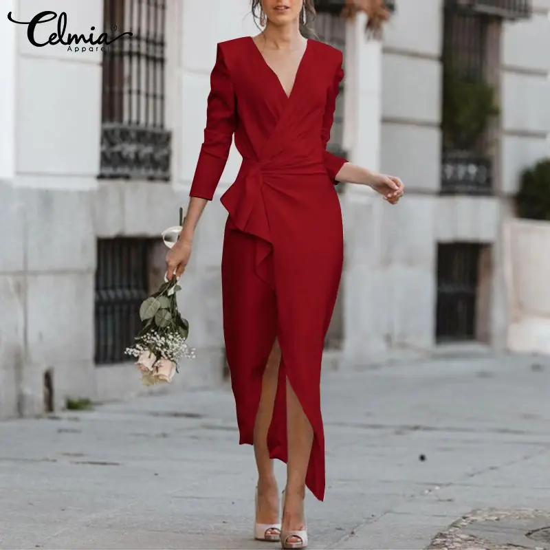 

Celmia Women's Party Long Robes Autumn Twisted Waist 2022 Fashion Sexy V Neck Midi Dressses Asymmetrical 3/4 Sleeves Vestidos