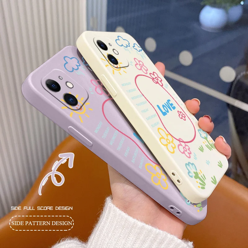 

Doodle Flowers Liquid Phone Case For iPhone 12 13 Pro Max Mini 11 Pro Max X XR XS MAX SE2020 8 7 Plus 6 6S Plus Soft Back Cover