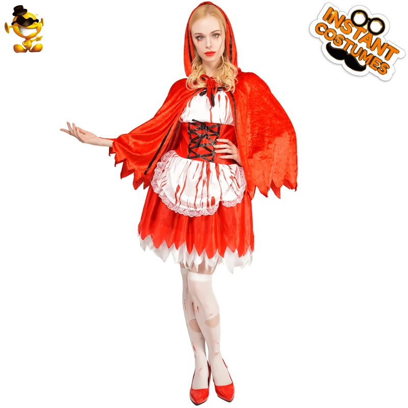 

Christmas Women Cosplay Bloody Party Costume Adult Halloween Sexy Horror Ghost Party Dress Female Blood Red Dress with Cape