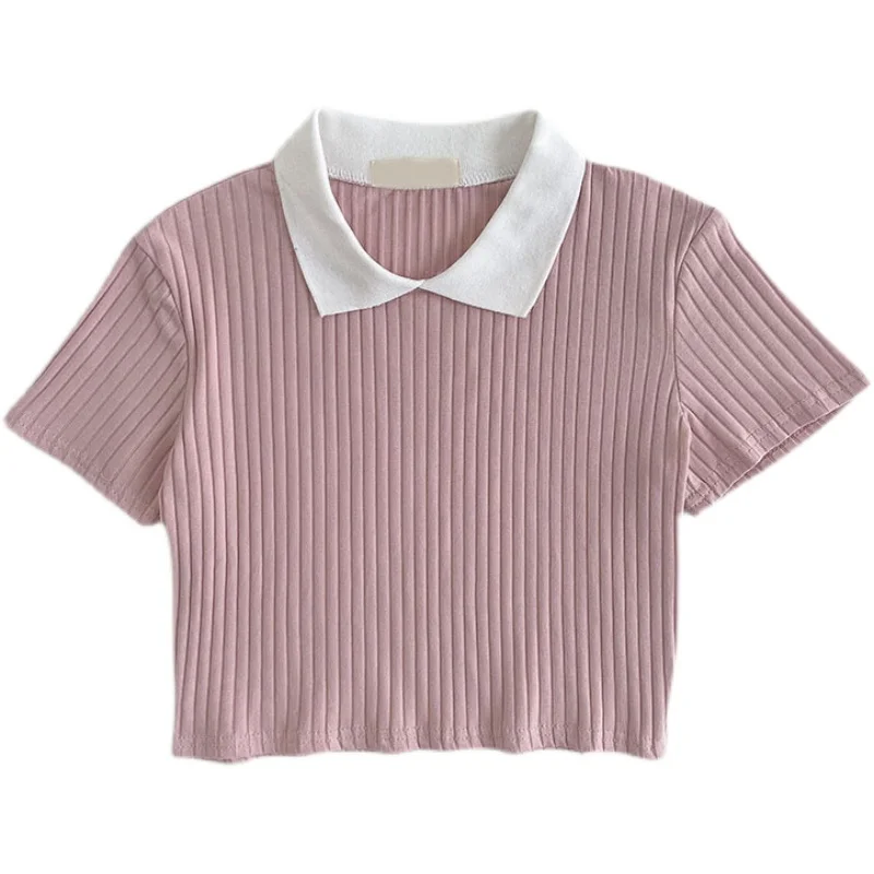 

Summer new Korean of spell color turn-down collar slim knit t-shirt women
