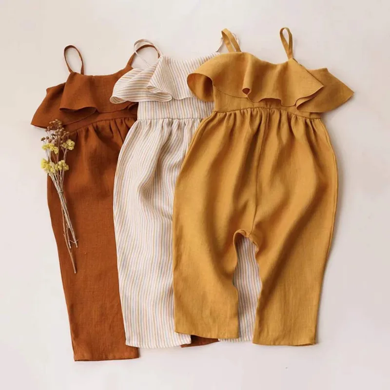 

0-2 years old baby jumpsuit 2022 summer girl cotton linen suspender jumpsuit girl ruffled casual trousers jumpsuit