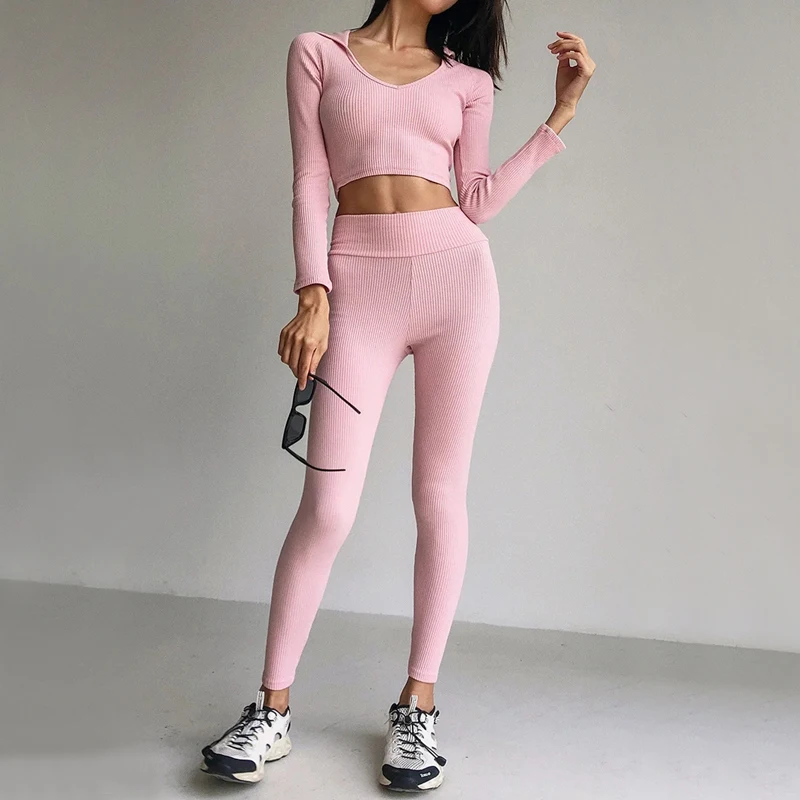 

Women Raglan Shoulder Rib Crop Hoodie & Rib Leggings Set Two Piece