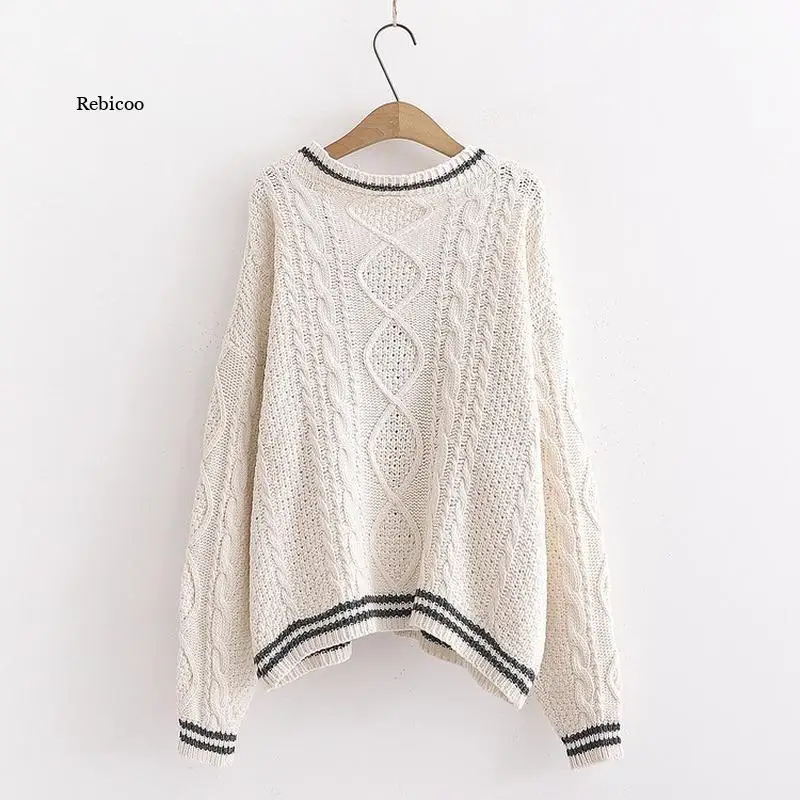 

Women's Preppy Style V Neck Cardigans Sweaters Autumn Winter Single Breasted Batwing Knitted Tops Female Chic Loose Sweater