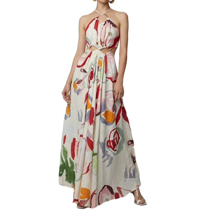 

Spring/Summer Slim-fit big-strap suspender stitching printed long dress Beach dress High-waist dress Hollow waist dress