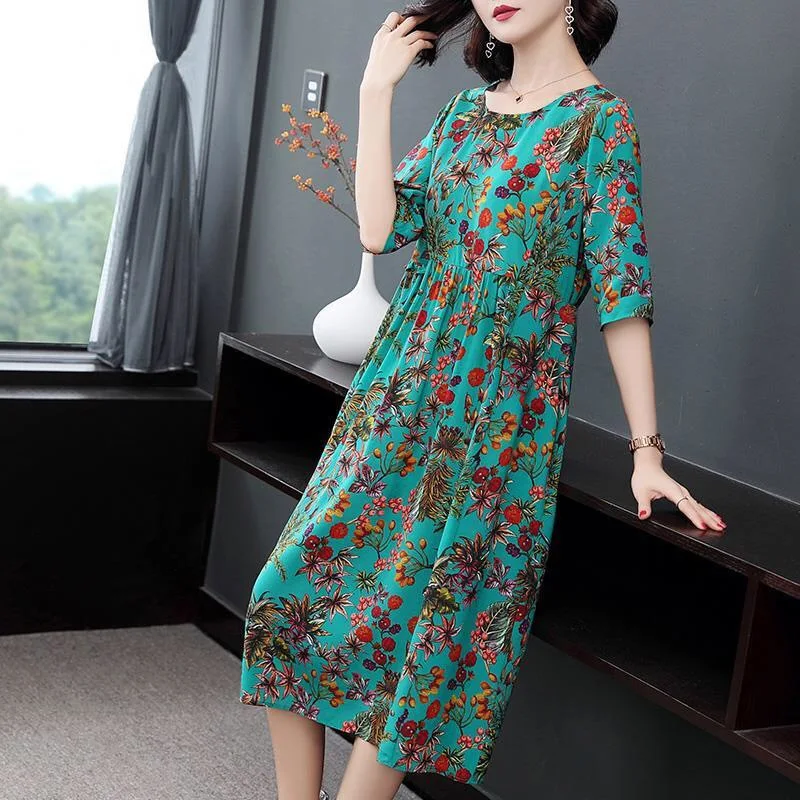 

2021 new summer Ice silk dress noble dress Plus size loose slim age-reducing skirt