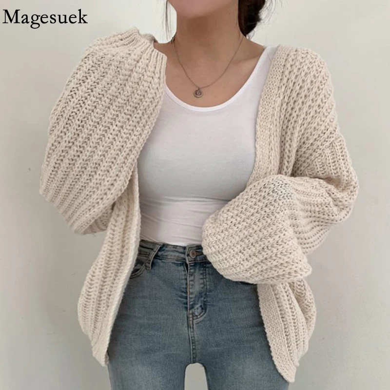 

Korean Casual V-neck Knitted Sweater Loose New Lantern Sleeve Soft Warm Women Coat Autumn Cardigan Women Oversized Sweater 17891