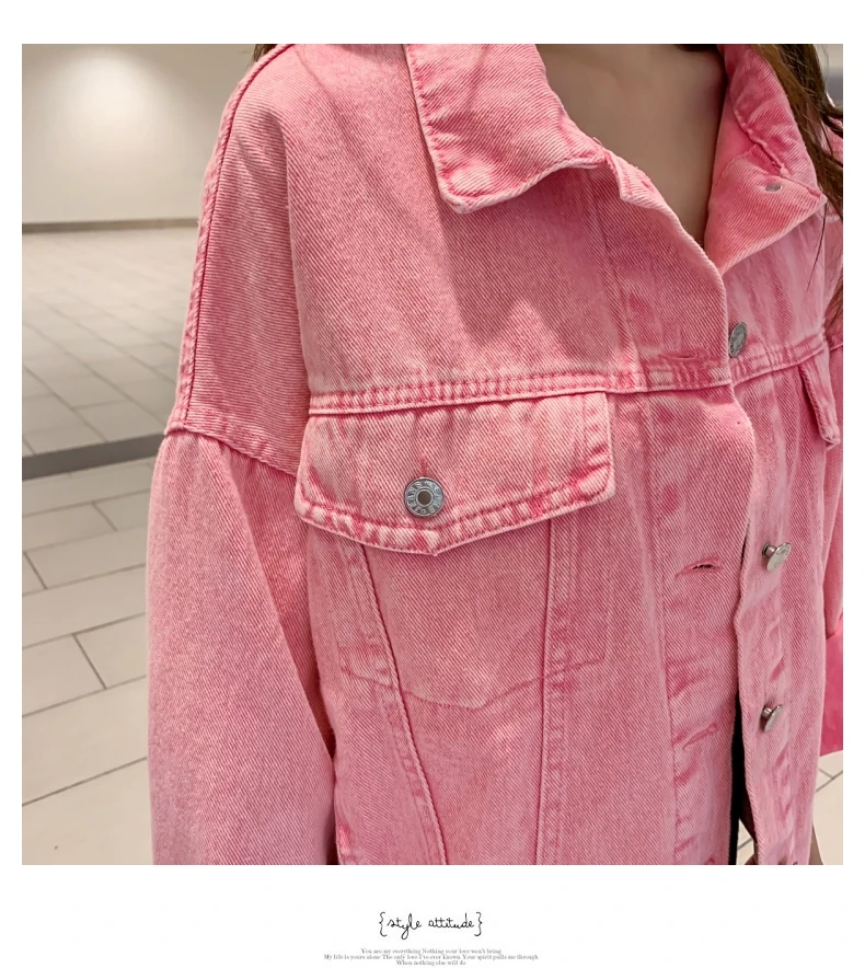 

2020 New Jeans Jacket Women Casual Style Pockets Long Sleeve Loose Denim Jacket Fashion Pink Single Breasted Female Jacket