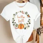 Женская одежда с цветочным принтом на осень, Хэллоуин, День благодарения, мультяшная женская футболка, женская футболка с графическим принтом, топ, футболка