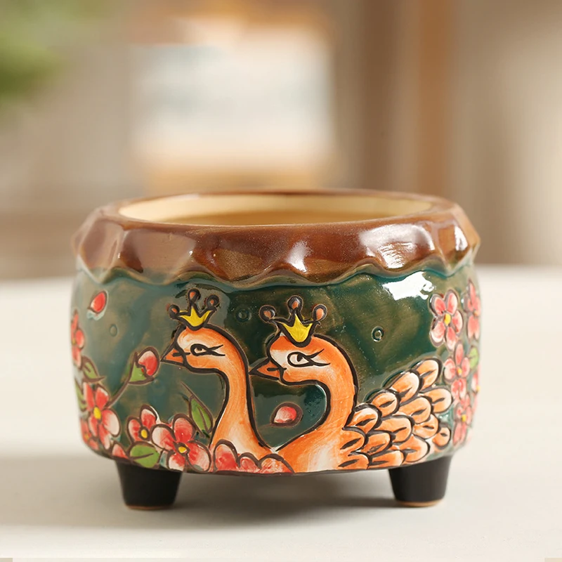 Korean Colour Painted Peacock Ceramic Lace Flower Pot Vintage Succulent Plants Round Potted Ornament Home Creative Gardening |