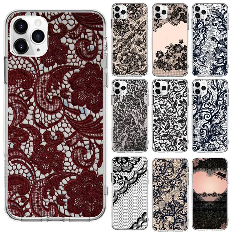 

Lace Flower sexy pattern Phone Case Transparent for iPhone 6 7 8 11 12 s mini pro X XS XR MAX Plus se cover funda shell