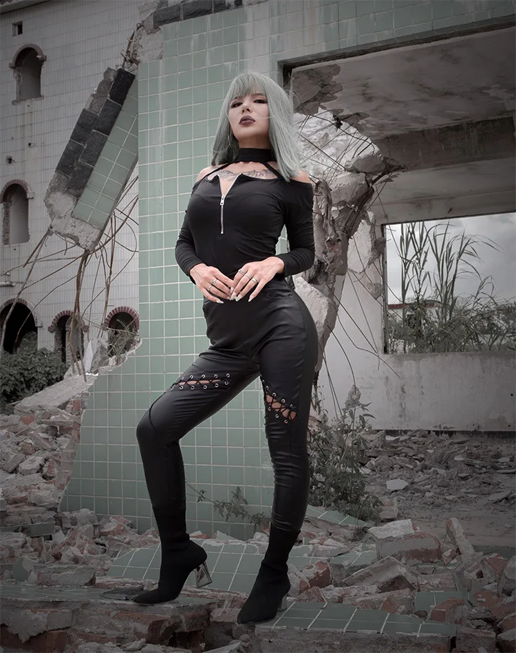 Новинка осенне зимние готические черные обтягивающие брюки Ruibbi на шнуровке