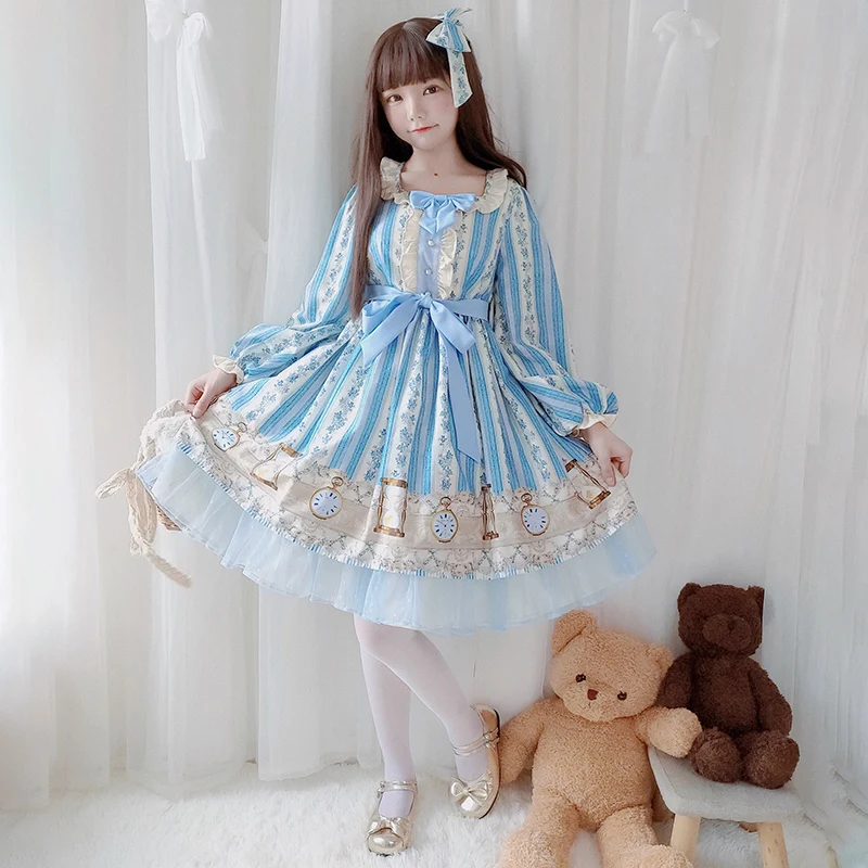 Японское платье сладкой Лолиты винтажное кружевное с бантом и милым принтом