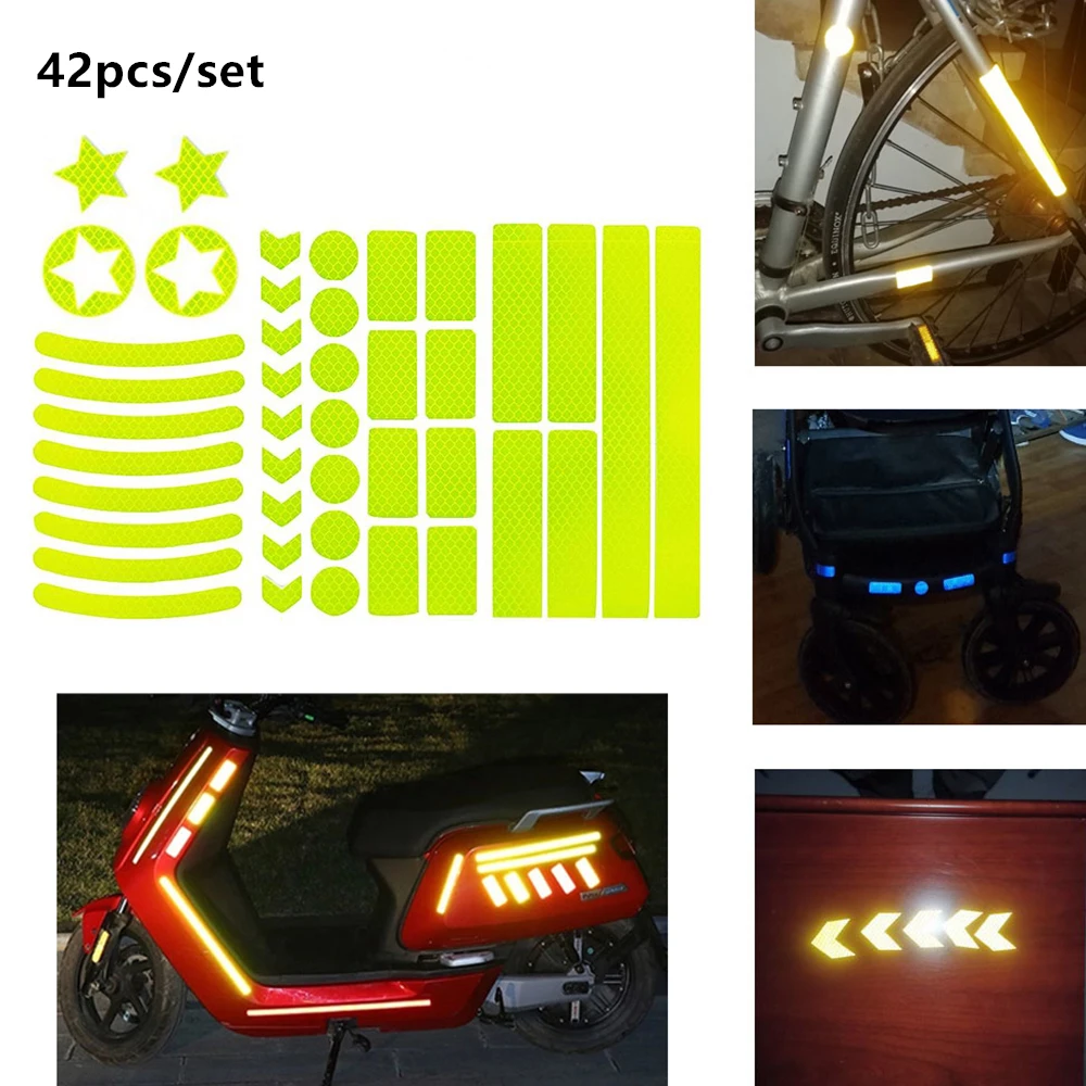 

42pcs Car Bike Reflective Stickers Kit Fluorescent Motorcycle Bicycle Reflector Wheel Rim Night Safty Warning Reflector Stickers