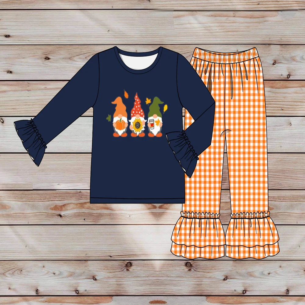 

Beautiful Pure Cotton Baby Girl Suit Navy Blue Long-Sleeved Top With Pumpkin Embroidery And Orange Plaid Trousers Baby Clothing