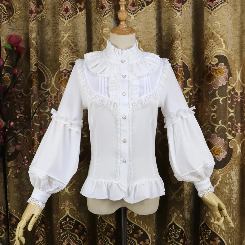 Ruffled Collar Lolita Blouse Vintage Long Lantern Sleeves Chiffon Shirt