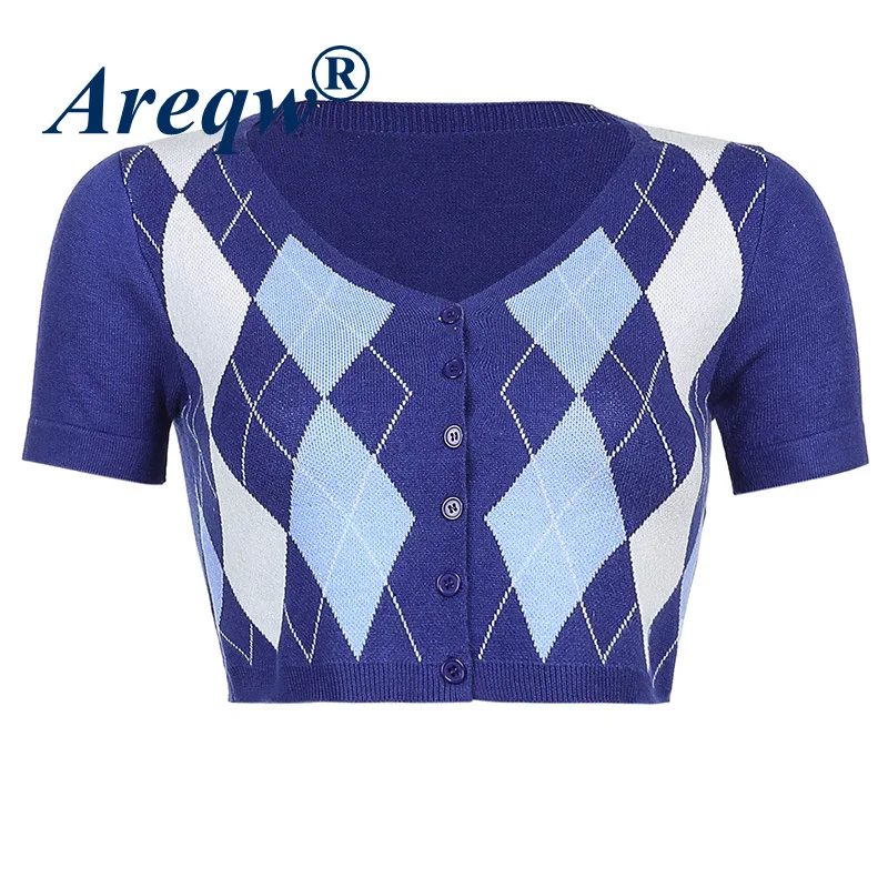 

2021 New Short Diamond Check Cardigan V-neck Short-sleeved Sweater Women's Bottoming Top
