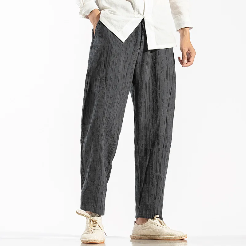 

Chinese style autumn antique cotton linen casual pants stripe large linen pants jacquard pants men's pants