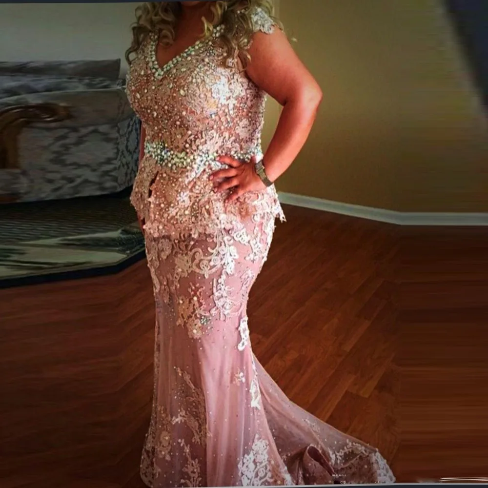

Plus Size Evening Dresses Size Mermaid Pink Evening Dress Beaded robe de soiree vestido de festa longo Tulle Lace Formal Gown