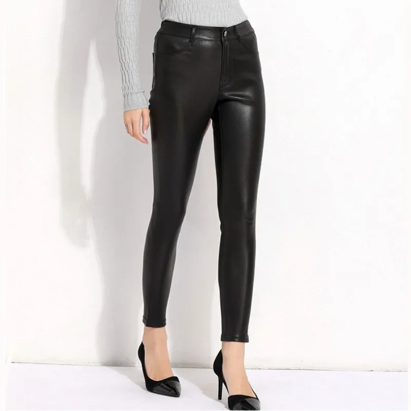 

High Street New Women Stretchy Skinny Genuine Leather Pencil Pants Solid Elastic Waist Top Quality 100% Real Sheepskin Trousers
