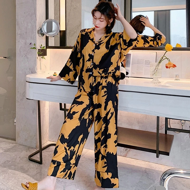 Luxury Women's Pajama Set Print Long Sleeve Ladies Sleepwear Faux Silk Spring Autumn Satin Pijama Suit Nightwear for Female
