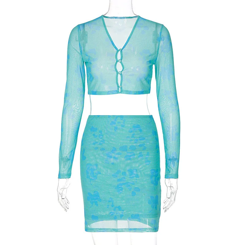 

Ggbaofan Summer Flowers Print Transparent Long Sleeve 2-Piece Sets Women Sexy Slim Midi Skirt V-Neck Crop Tops Y2K Streetwear
