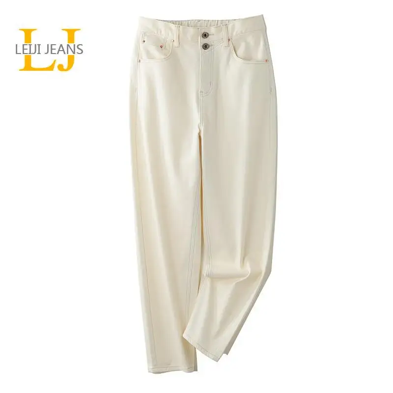 

2021 LEIJIJEANS белые брюки весна осень высокая талия размера плюс полная длина деним для женщин 6XL 100 кг Fly Buttom Mon Jeanss