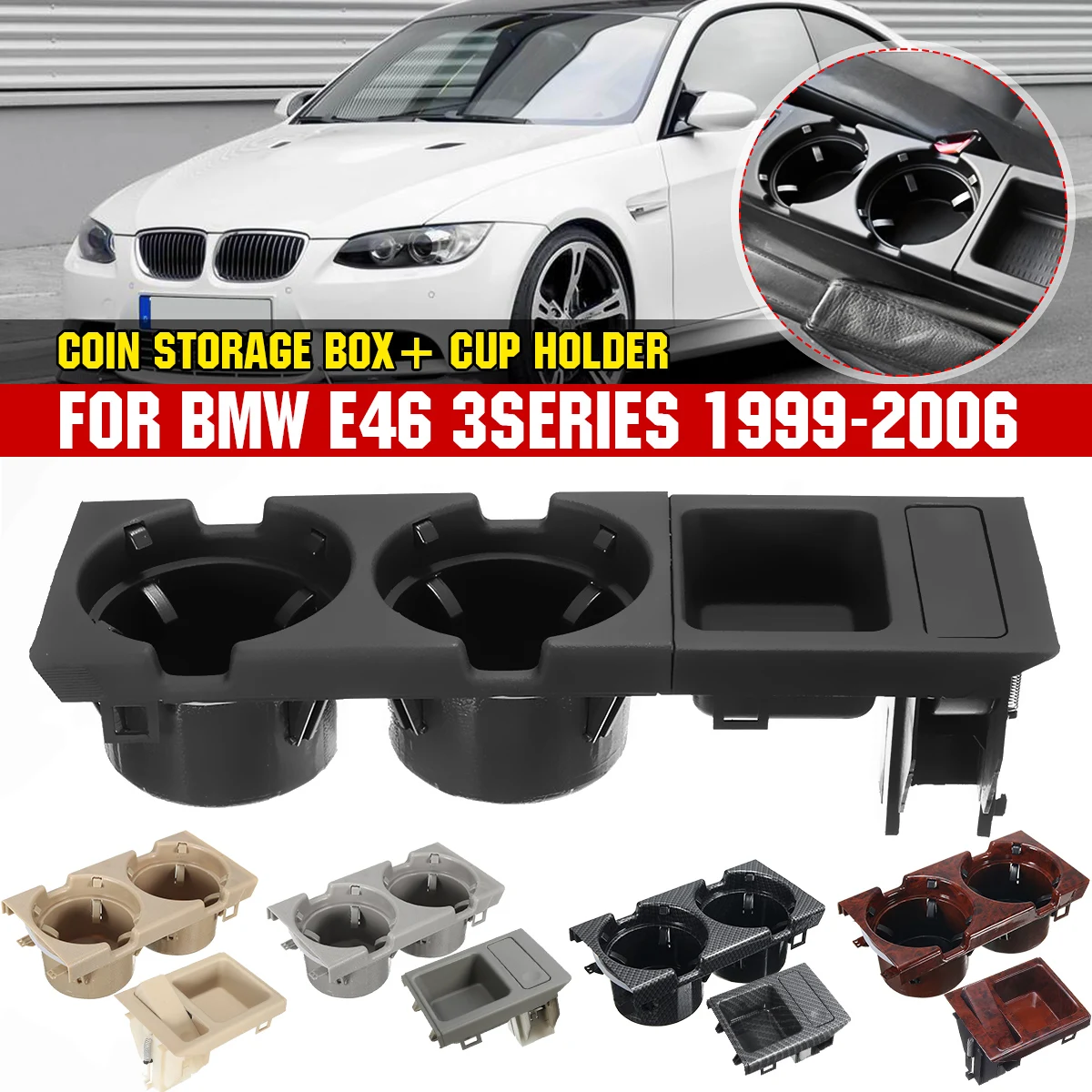 

Black Double Hole Car Vehicle Front Center Console Storage Box Coin + Cup Holder for BMW E46 3SERIES 1999-2006 51168217957