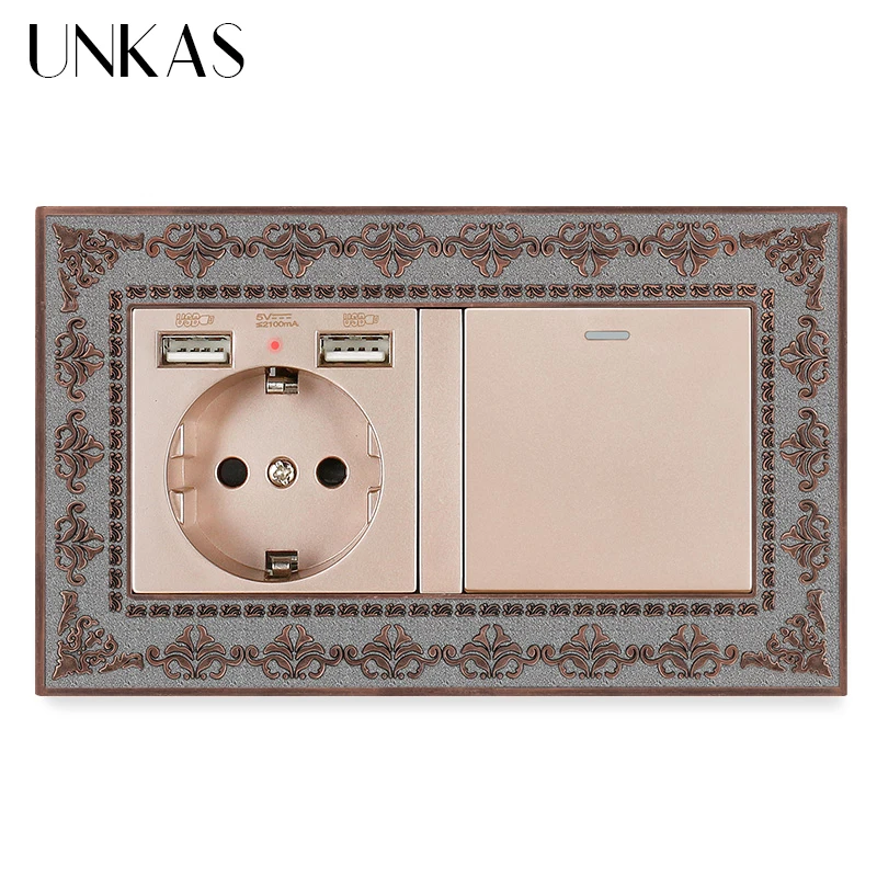 UNKAS 4D Zinc Alloy Metal Panel EU Socket Dual USB Port + 1 2 3 4 Gang / Way On Off Light Switch Embossing Retro Frame | Обустройство