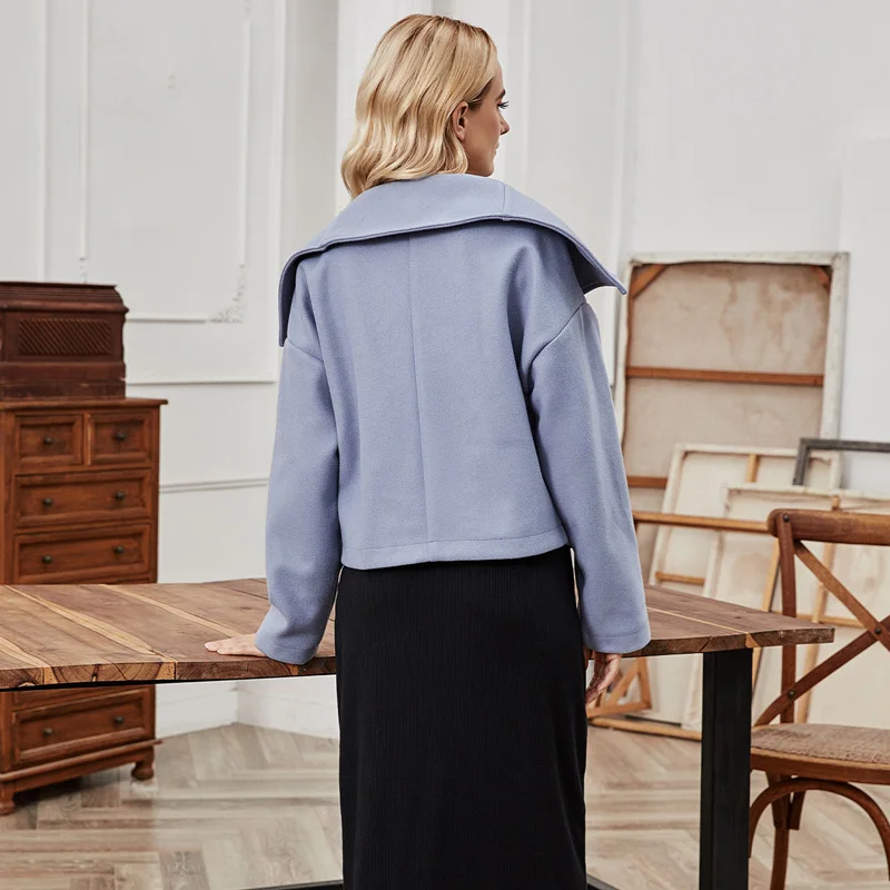 

Fashion Slim Women's Light Blue Korean Version Button Of All-Match Autumn And Winter Turn-Down Collar Woolen Short Thick Coats