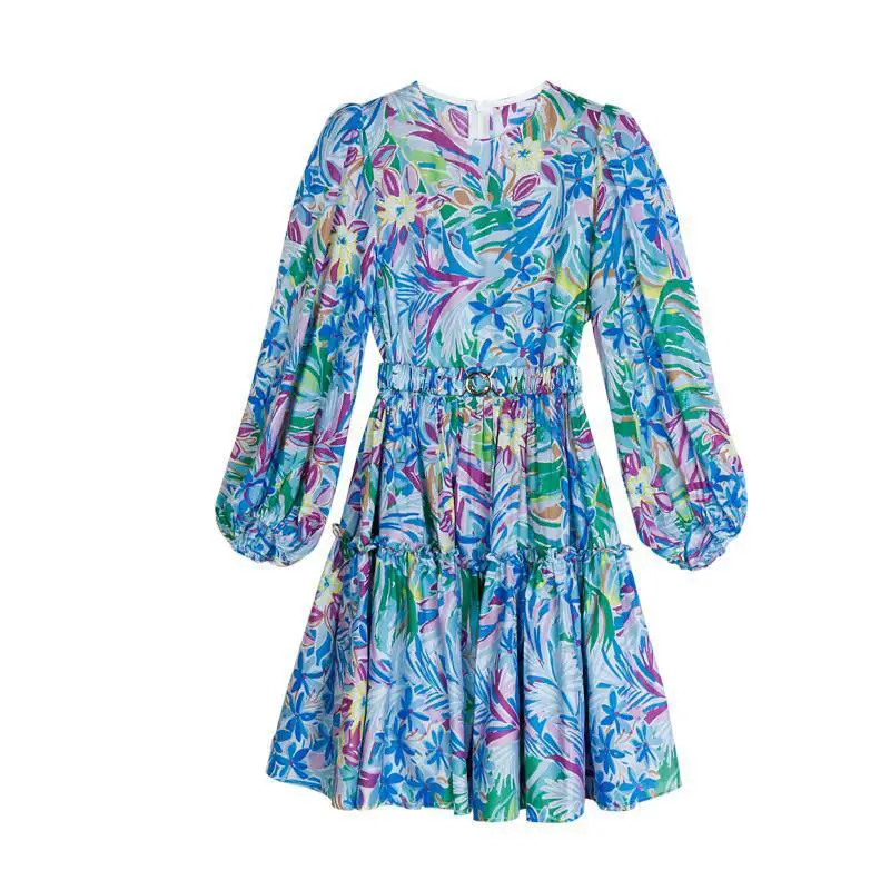 

He Mao Gao Ding sunscreen fashion 2021 summer new beach skirt ruffled A- line skirt temperament printed dress "within 15 days]