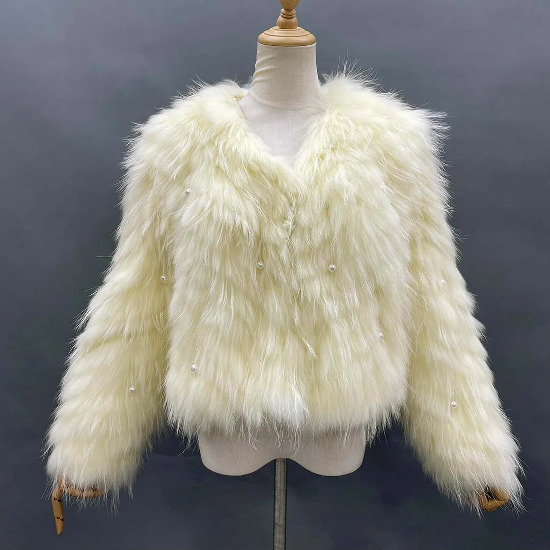 

Женское пальто из меха енота Janefur, белое, желтое, розовое, Коралловое, красное пальто с ЖЕМЧУЖНОЙ БАХРОМОЙ, женская верхняя одежда