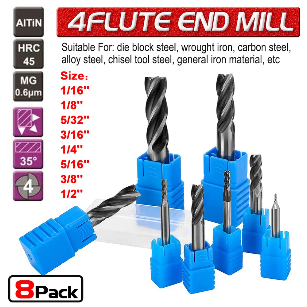 

8pcs Solid Carbide End Mill 4 Flute TiAlN Coated Micrograin Carbide Slot Drill 1.5-16mm End Mill Bit for Metal Drilling Working