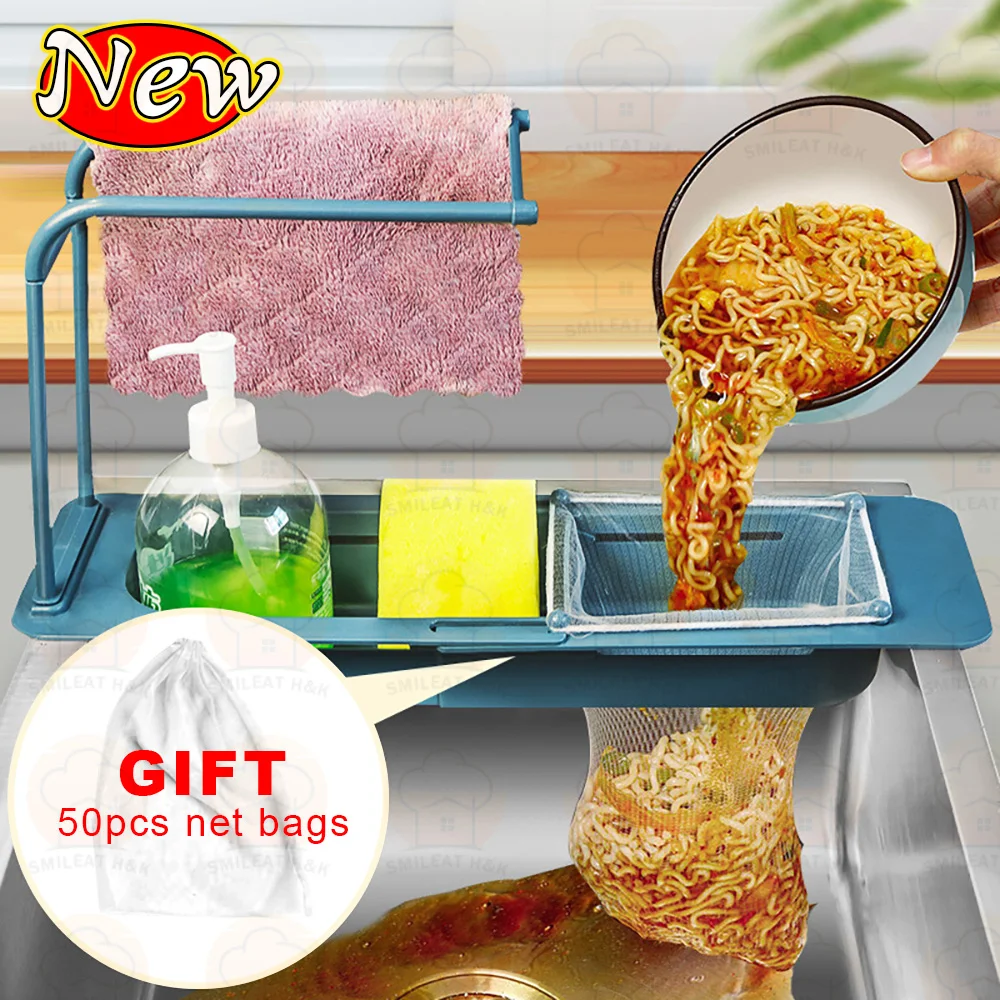 

2021 New Water Tank Rack Storage Basket Drip Dish Rack Over Sink Plastic Scalable Basket Organizer with Filter Net Pocket