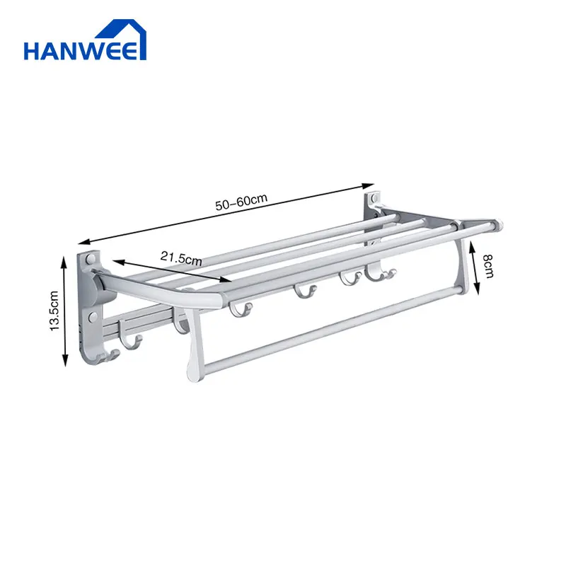 

Nail Free Foldable Silver Bath Towel Rack Active Bathroom Towel Holder Double Towel Shelf With Hooks Bathroom Accessories