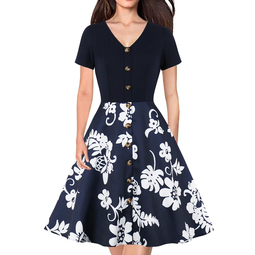 Женское платье в стиле ретро Joinelse с цветочным принтом V-образным вырезом коротким