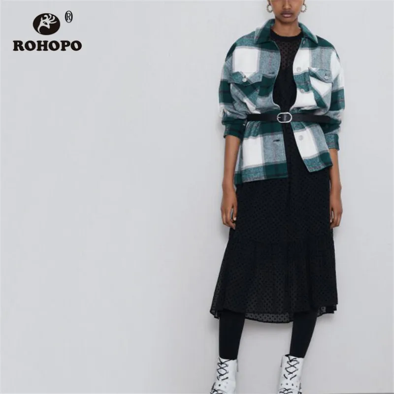 ROHOPO длинный рукав отложной воротник Шотландка большие пуговицы карманы толщина