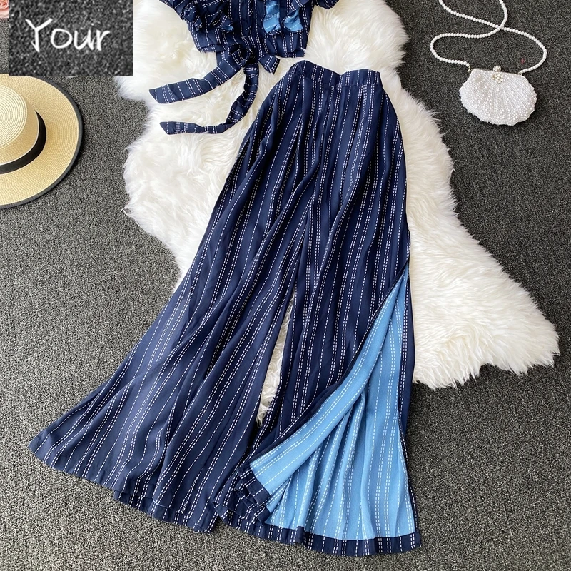 

Vintage Blue Striped Two Piece Set Women Sexy V-Neck Ruffle Short Tops + High Waist Split Wide Leg Pants Female Suit 2020 New